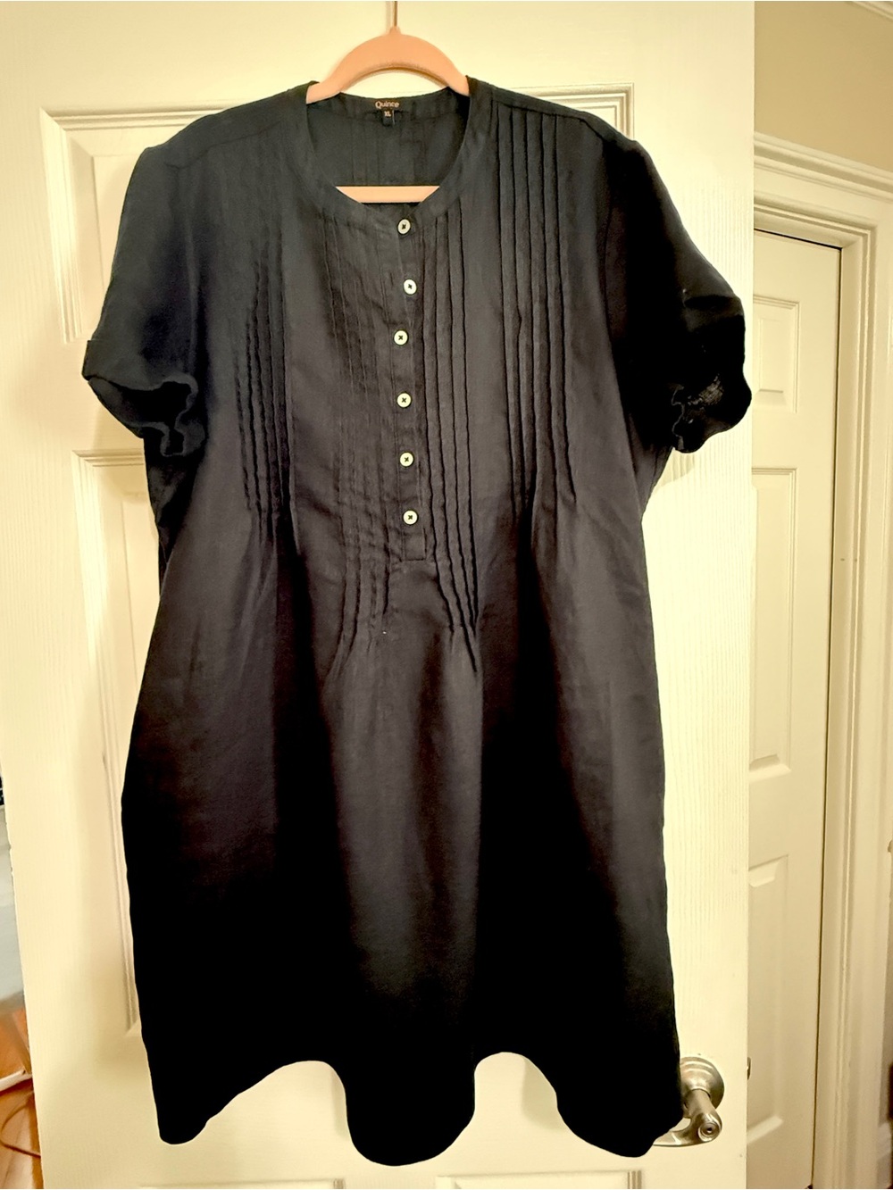Quince Black Pintuck Button-Front Midi Dress